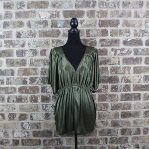 Vertigo Green Satin Silky Empire Waist Open Shoulder Blouse Womens L Halloween